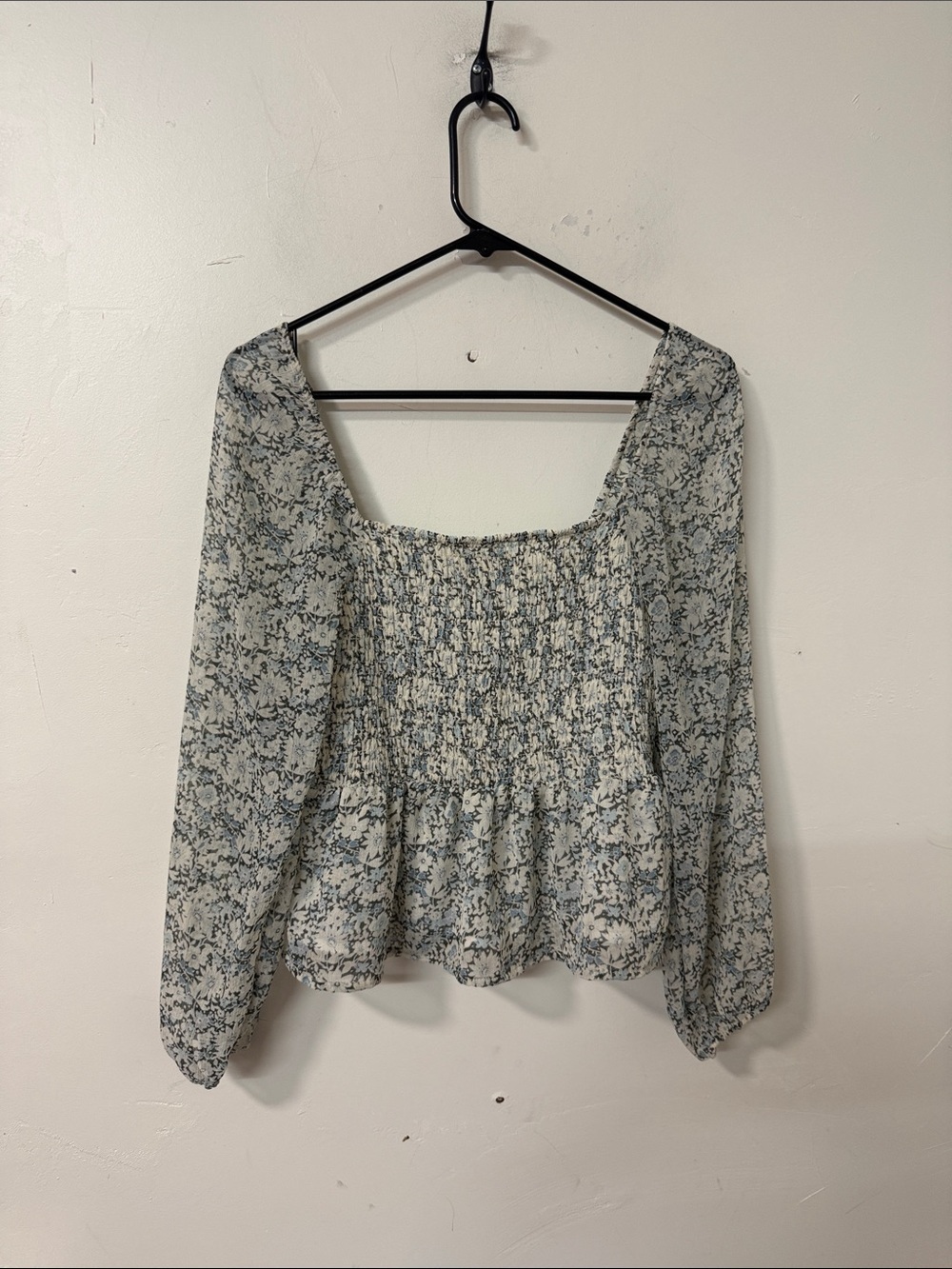 American Eagle Outfitters Blue and White Smocked Peasant Top